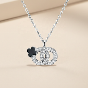 Nouveauté 2026 Collier Pendentif de Luxe pour Femme en Argent Sterling 925 avec Émail Trèfle Noir, <span class=keywords><strong>Halo</strong></span>, Double Cercle Infini et Moissanite - Product Image 1