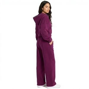Women's Solid <b>Purple</b> <b>Cropped</b> Zip-Up Hoodie & High-Waist Jogger Pants Tracksuit Set 100% Cotton Casual Lounge Wear - Product Image 4