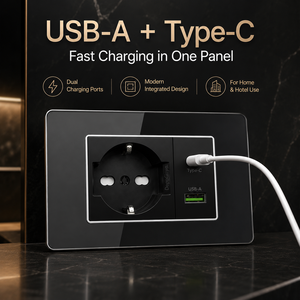 Enchufe de Pared con Carga Rápida Inteligente USB Tipo C, de Vidrio Templado Negro, Panel de Interruptor de Luz Schuko, para TV, <span class=keywords><strong>Sat</strong></span>élite, Computadora, CAT 110-240V - Product Image 2