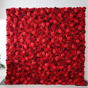 H01-1婚礼派对装饰奢华卷起花墙幕布丝绸3D布艺红色人造玫瑰花墙背景板