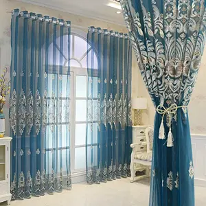 European Embroidered Floral Sheer Curtains Transparent Voile Window Drapes for Living Room Hall Villa Decoration Tulle Curtain