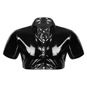 Heren sexy korte mouwen PVC lederen shirt glanzend erotisch vormende koker latex top casual T-shirt kort lederen jack voor heren - Product Image 1
