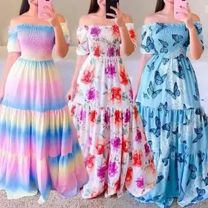 Wholesale Women Casual Floral Print Tunic Boho Party Dress Summer V Neck Short Sleeve Mini Vestidos
