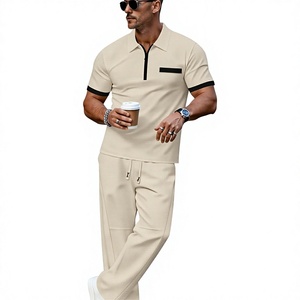 Men's Winter Solid Casual Fleece Knitted Short Sleeve Polo Shirt Set Pockets Matching Pants Quick Dry Customized - Product Image 1