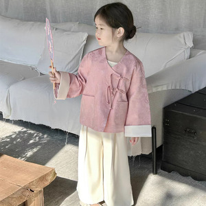 Girls Satin New Chinese Style Hanfu Two Piece Set Top Pants Party Wear - Product Image 3