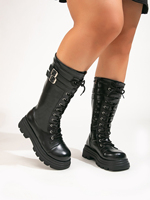 Bottes mi-mollet à talons épais, style gothique, avec boucle large, lacets et fermeture éclair latérale, grandes tailles, directement de l'usine