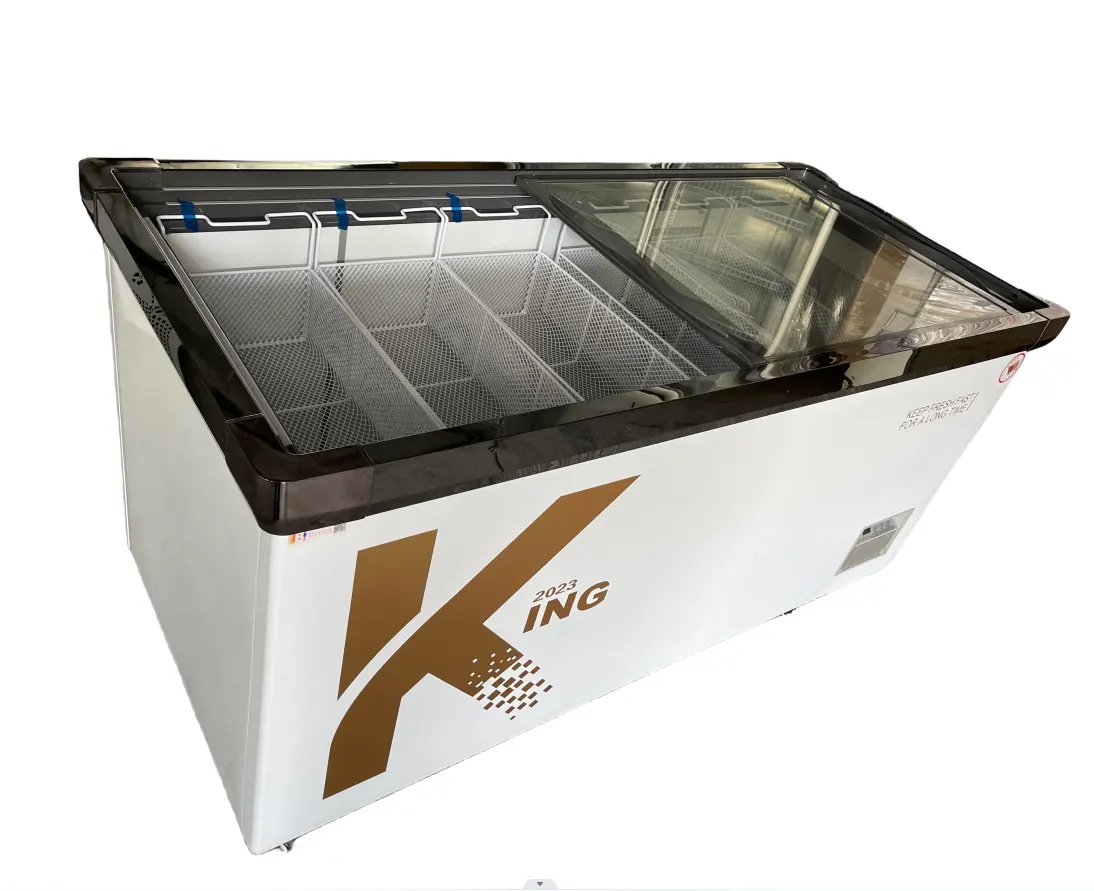 冷凍魚肉シーフードスーパーマーケットアイランドディスプレイフリーザー用の商業用水平ガラスドア冷凍庫