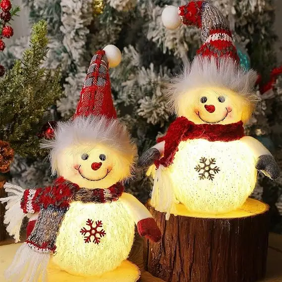 Figurines de bonhommes de neige en plastique polyester à piles en peluche éclairée de 10 pouces décorations de table de noël