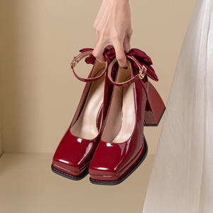 Women's Wine <b>Red</b> Bow High <b>Heels</b> Platform Non-slip Comfortable Princess Style Main Wedding Bridal Shoes - Product Image 1
