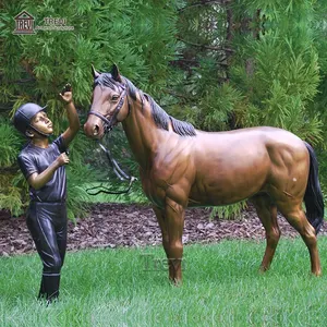 Antieke Levensgrote Outdoor Grote Bronzen Grote Paard Sculptuur Met Meisje Standbeeld