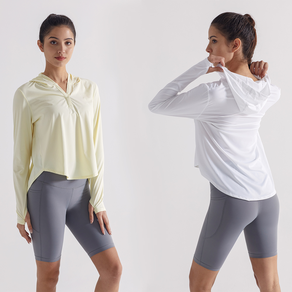 Private Label Women Hooded V Neck Fitness Shirt Quick Dry Yoga Training Top Thumb Hole Sleeve Design Sportswear Gymwear