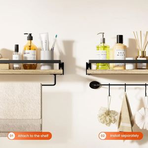 Ensemble de 2 pièces marron clair, étagère de salle de bain, porte-serviettes et étagère flottante pour mur, pour salon, cuisine, chambre à coucher - Product Image 5