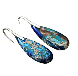 Natural Blue Sea Sediment Stone Dangle Healing Drop Inner Peace Mental Health Gemstone Earrings