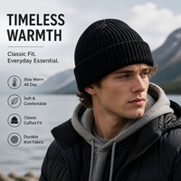Bonnet en tricot épais noir personnalisé, style minimaliste basique, avec revers côtelé, couleur unie, haute qualité, chaud, pour le streetwear, ODM