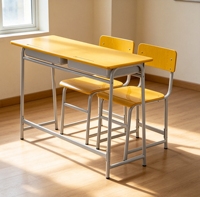 Bureau double pour étudiants en contreplaqué avec structure métallique à tubes ronds, table 2 places avec tiroir pour l'école et l'étude à domicile des enfants