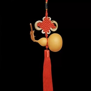 Pendentif en calebasse naturelle avec cinq pièces de monnaie impériales et pompon rouge, décoration Feng Shui pour salon, nouvel an chinois, 2 pièces - Product Image 2