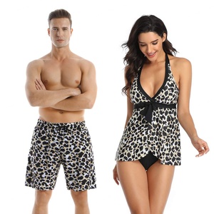 Maillots de bain de luxe personnalisés pour couples, maillot de bain bleu avec des palmiers, bikini noir à imprimé léopard, vêtements de plage, ensemble 3 pièces pour femmes et hommes - Product Image 1