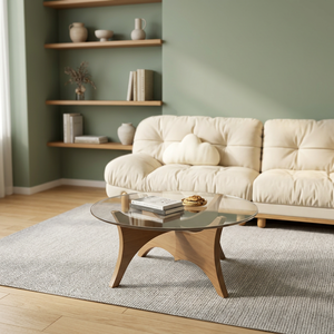 Table basse moderne en bois avec plateau en verre trempé, design mid-century, meubles de salon faits à la main - Product Image 5