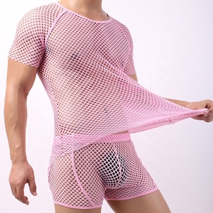 Camiseta de malla transparente sexy de manga corta para hombre, estilo red de pesca, para discoteca, disfraz, camiseta interior, tops - Product Image 2