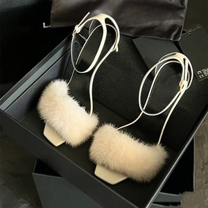 Sandales à talons hauts pour femmes, style romain, en fourrure de vison française, fines, à bout carré, personnalisées par le <span class=keywords><strong>fabricant</strong></span>, pour l'été - Product Image 4