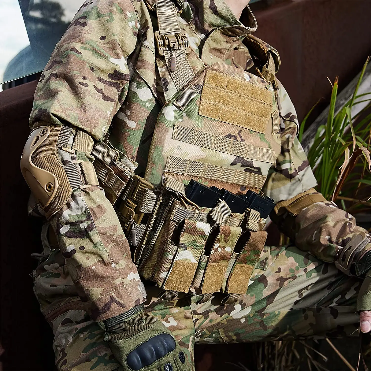 REVIXUN Chaleco Tactico Gilet de protection PE Gilet d'armure tactique de combat Gilet tactique à dégagement rapide avec plaque découpée au laser