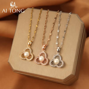 Trébol de cuatro hojas de acero inoxidable chapado en oro de 14K, Perla de imitación de circón de cobre, collares de joyería de moda de lujo para uso diario - Product Image 5