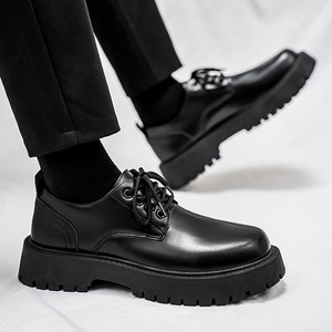Scarpe da uomo in pelle 2026 Nuova Collezione Primavera Nere Stile Derby Britannico Business Casual con Lacci Suola Spessa Solida per Sposo Matrimonio Punta Larga - Product Image 4