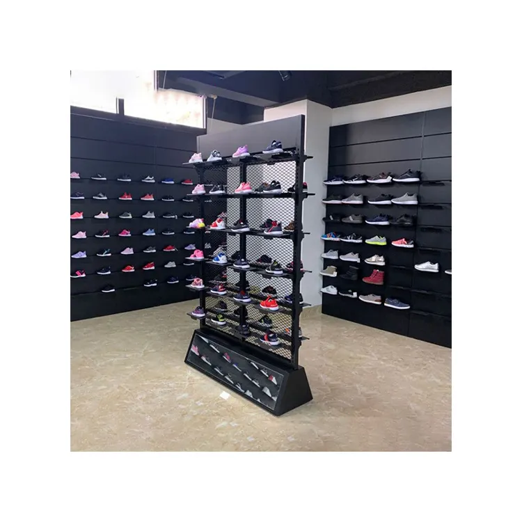 Kainice Customized sport display rack shoe rack metal mesh double sided stand sneaker gondola rack for shoes store