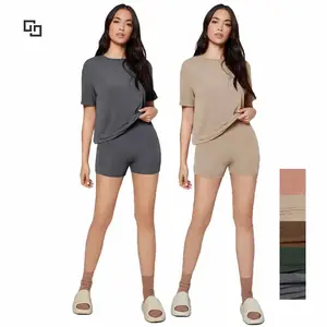 Summer Breathable Short Sleeve LoungeWear Womens Sets Custom 2 Piece Spandex Lounge Wear Sets Women