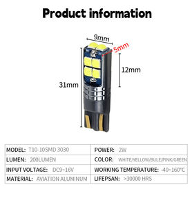 Bombilla LED T10 -10SMD 3030 Blanca/Amarilla Canbus para Matrícula, Luz Interior LED de 12V - Product Image 6