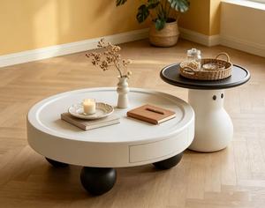 Modern <b>Round</b> Coffee <b>Table</b> With Storage Drawer <b>White</b> Plastic Minimalist Living Room Furniture - Product Image 1