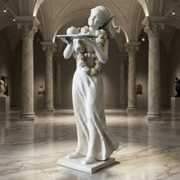 Statue de serveur à thé tahitien en marbre blanc sculptée à la main sur mesure - Sculpture figurative inspirée de la culture polynésienne avec lei et plateau