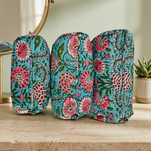 Traditional Floral Printed <b>Vanity</b> Pouch for Women Teal and Pink Ethnic <b>Makeup</b> Organizer Bag with Heritage Design 3 Piece Set - Product Image 3