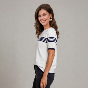 T-shirt en tricot pour femme, haut en tricot rayé, haut en tricot à col rond, pull en tricot à manches courtes, haut en tricot d'été, haut en tricot léger - Product Image 1
