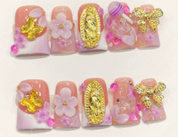 Faux ongles à presser carrés en acrylique faits main, motif floral 3D et fruits d'été, style French, forme cercueil moyenne, pour nail art et salon