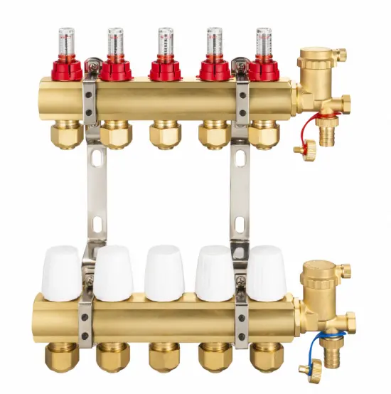 สมาร์ท Manifold ระบบทำความร้อนที่บ้านทองเหลืองพร้อมเครื่องวัดการไหลและวาล์วระบายน้ำ