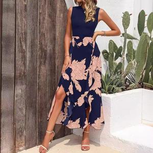 Vestido elegante de verano para mujer, con cuello redondo, volantes irregulares, falda con abertura, sin mangas, estampado floral - Product Image 2