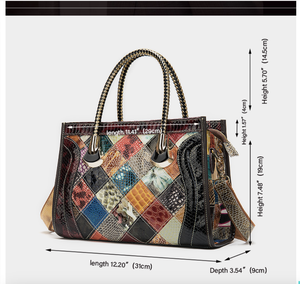 Bolso de mano de cuero genuino para mujer, estilo vintage, con patrón geométrico, colores contrastantes, bandolera, bolso de hombro, bolsos con asa superior para dama - Product Image 5