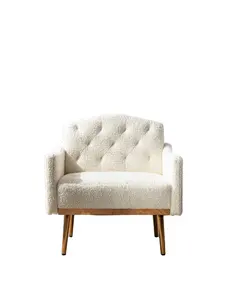 Modern Living Room Accent Arm Chair Tufted Decorative White Single Sofa Fabric with Golden Metal Legs