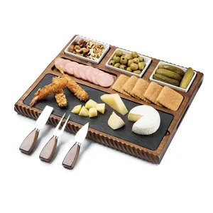 Planche à fromage en bois d'acacia avec lame en ardoise noire et 3 couverts en acier inoxydable