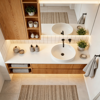 Set Meja Rias Kamar Mandi Modern Motif Kayu Oak dengan Rak Terbuka, Kabinet Dinding, Lampu LED Strip & Wastafel di Atas Meja RLY-082