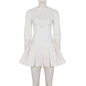 Early Fall New Preppy Peter Pan Collar Button Waist Defining Half Sleeve Pure Pleated Midi <b>Dress</b> for Women - Product Image 6