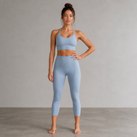 Ensemble de yoga pour femme : Soutien-gorge de sport à col rond, Leggings capri taille haute côtelés, séchage rapide, respirant, extensible, pour le yoga, le Pilates, la gym et la danse