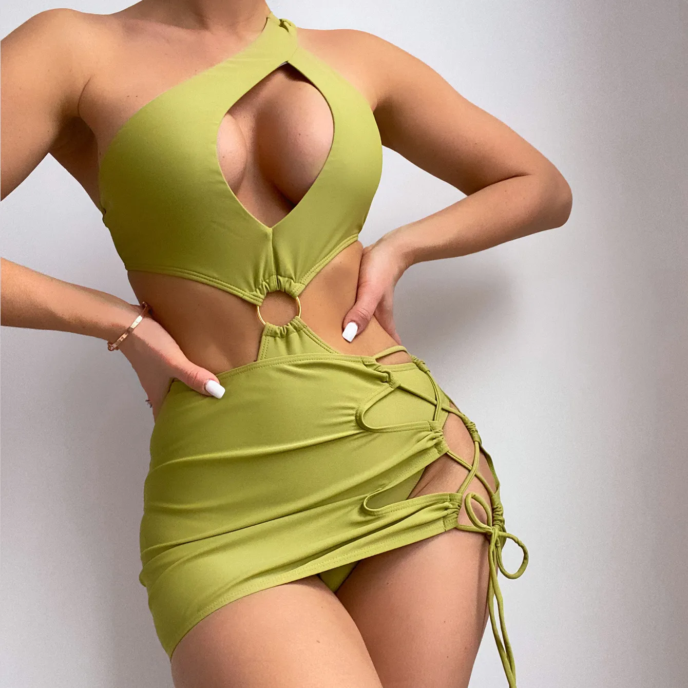2023 Design Solid Halter Single Shoulder Thong Style Bikini 2 Pieces Skirt Set Swimwear For Ladies Women Beachwear