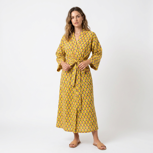 Bata Kimono con Estampado Floral 100% Algodón para Mujer, Cuello en V, con Cordón Ajustable, Logotipo Frontal, Suave y Cómoda, para Verano, Otoño y Primavera - Product Image 1