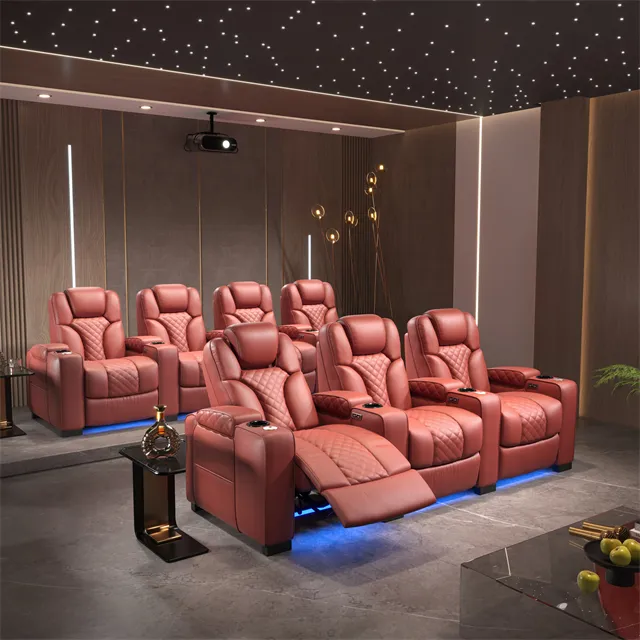 Sofá reclinável elétrico totalmente preto para cinema, móveis de madeira maciça para cinema e cinema, com apoio de braço, design italiano