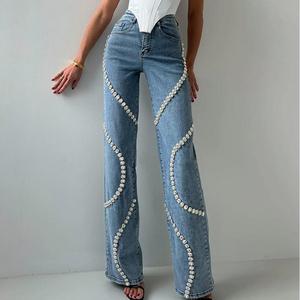 Nuevos Jeans de Mujer Rectos de Diseñador con Pedrería y Detalles de Anillo, a la Moda - Product Image 1