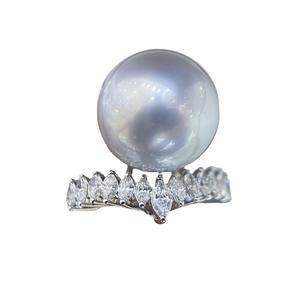 12-13mm Natural Round <b>Pearl</b> <b>Ring</b> 925 Sterling Silver Featuring Large Grain Horse Eye Diamonds Classic Romantic Style - Product Image 4