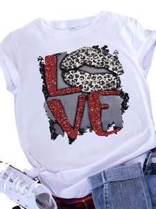 Camiseta de <span class=keywords><strong>Mujer</strong></span> al por Mayor, Personalizada, Veraniega, Popular, con Estampado de Corazón de Dibujos Animados, Juvenil, Hermosa, Moderna, Informal, de Manga Corta - Product Image 6