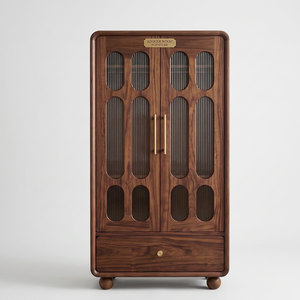 Vintage Walnut Wood Wardrobe with Arched Glass Panel Doors and Drawer Elegant Bedroom Storage <b>Cabinet</b> with <b>Retro</b> Modern Designs - Product Image 1
